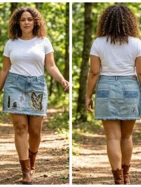 "Forest Finds" Upcycled Denim Mini Skirt Sz 20 Dont Throw It Out Trees Moth